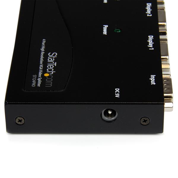 4 Port VGA Video Splitter with 350 MHz bandwidth, extends signal up to 210 feet for clear visuals in professional settings.