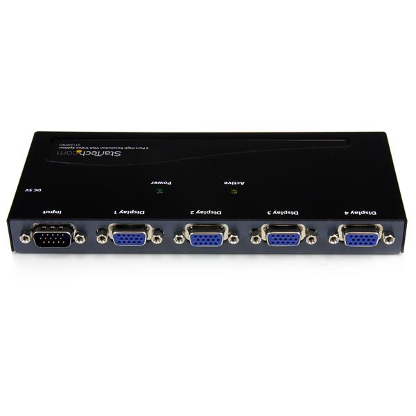 4 Port VGA video splitter for high-res displays, extends signal up to 210 feet, ideal for classrooms and boardrooms.