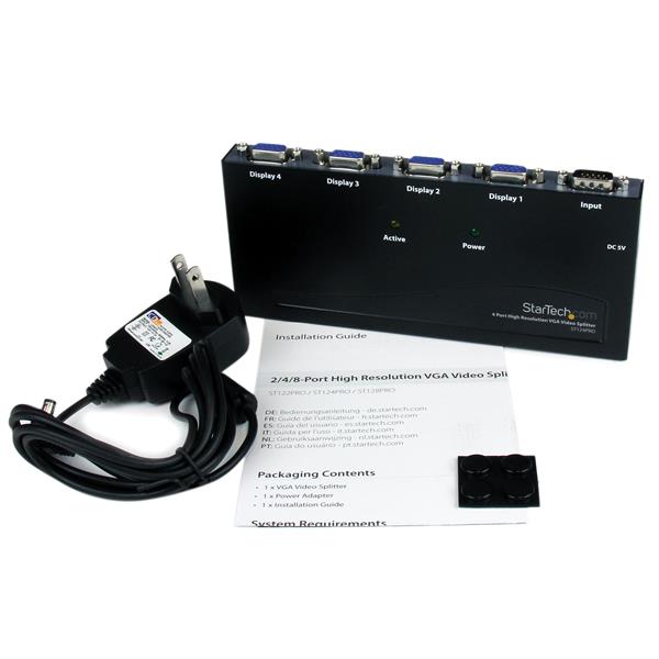 4 Port VGA Video Splitter for high-res displays, extends signal up to 210 feet, ideal for classrooms and boardrooms.