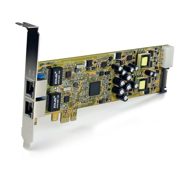 Dual port PCIe Ethernet adapter with 25.5W PoE per port for IP cameras and VoIP phones, supports Gigabit speeds and IEEE 802.3at.