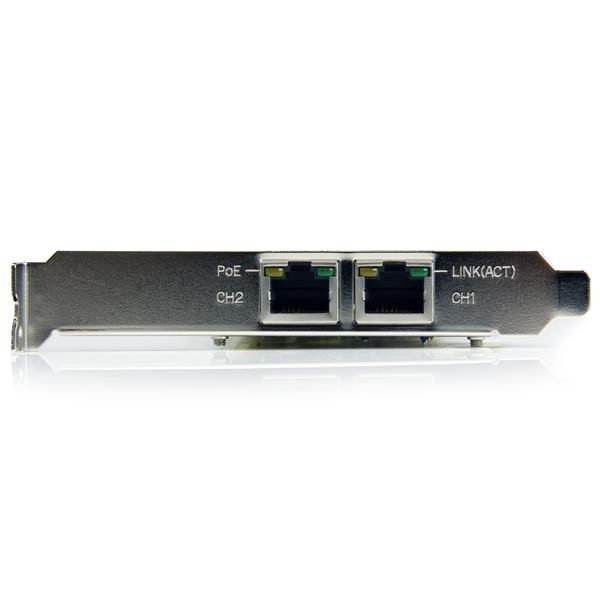 Dual port PCIe Ethernet adapter with 25.5W PoE power per port for IP cameras and VoIP phones, enhancing network efficiency.