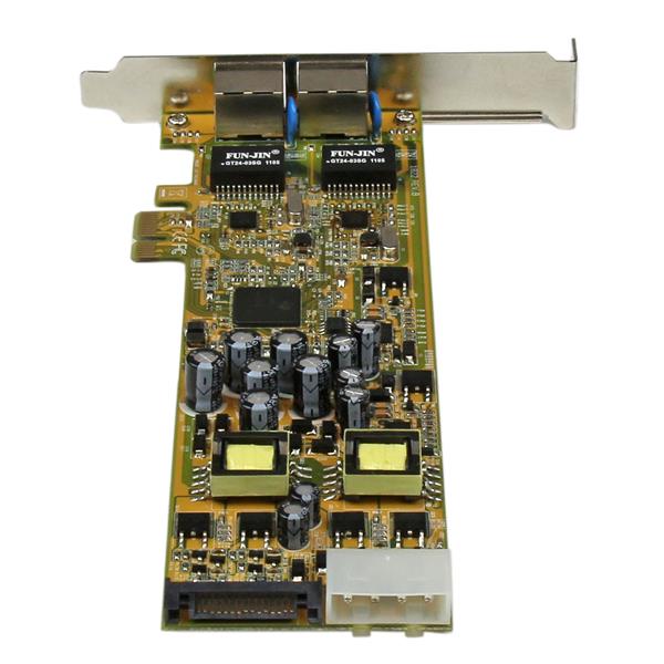 Dual port PCIe Ethernet adapter with 25.5W PoE power for IP cameras and VoIP phones, compact and efficient solution.