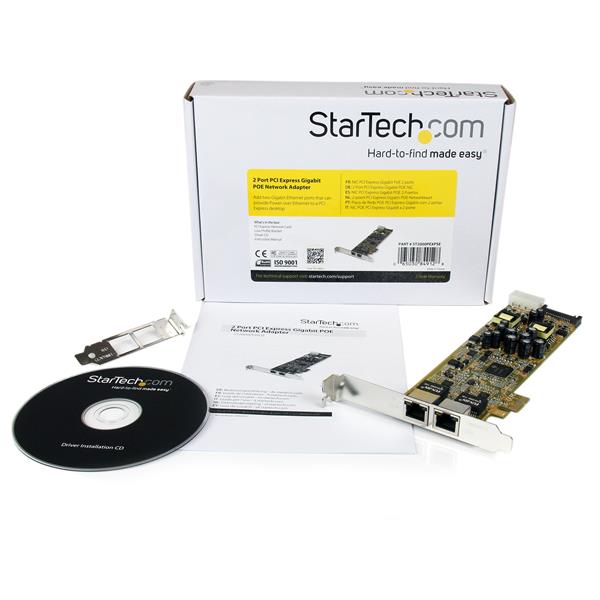 Dual Port PoE PCI Express Adapter with 25.5W power per port for IP cameras and VoIP phones, supports Gigabit speeds.