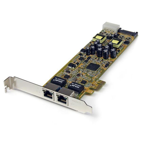 Dual port PCI Express Gigabit Ethernet adapter with 25.5W PoE per port for IP cameras and VoIP phones.