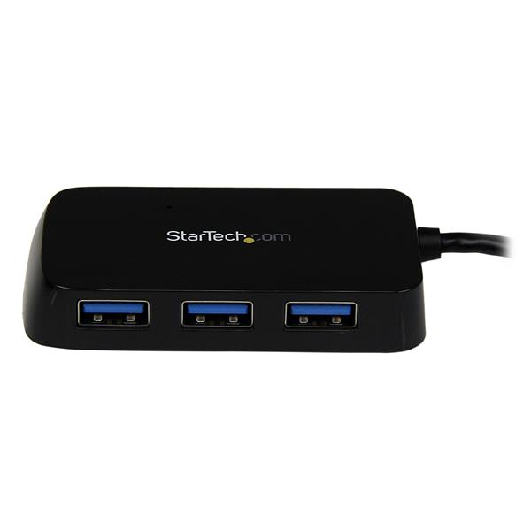 Portable USB 3.0 hub with 4 ports, high-speed data transfer, sleek black design for Mac and PC connectivity.
