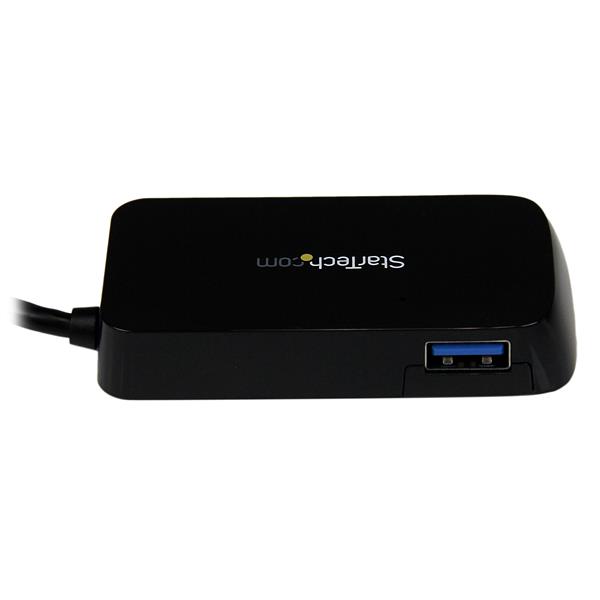 Portable USB 3.0 hub with 4 ports, ideal for Mac and PC, offering SuperSpeed data transfer up to 5 Gbps in sleek black design.