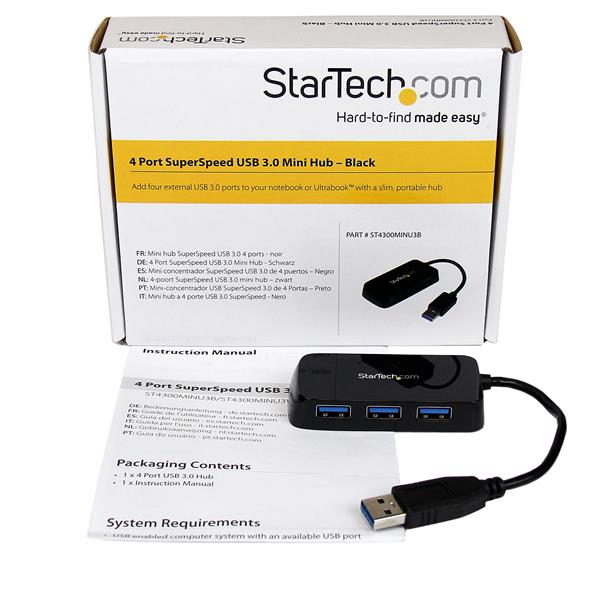 Portable USB 3.0 hub with 4 ports, sleek black design, and SuperSpeed data transfer up to 5 Gbps for Mac and PC.
