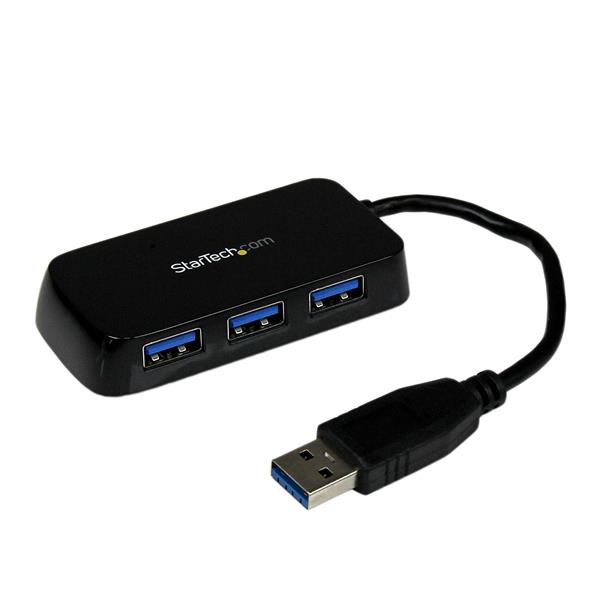 Portable USB 3.0 Hub with 4 ports for fast data transfer, designed for Mac & PC users, compact and user-friendly.