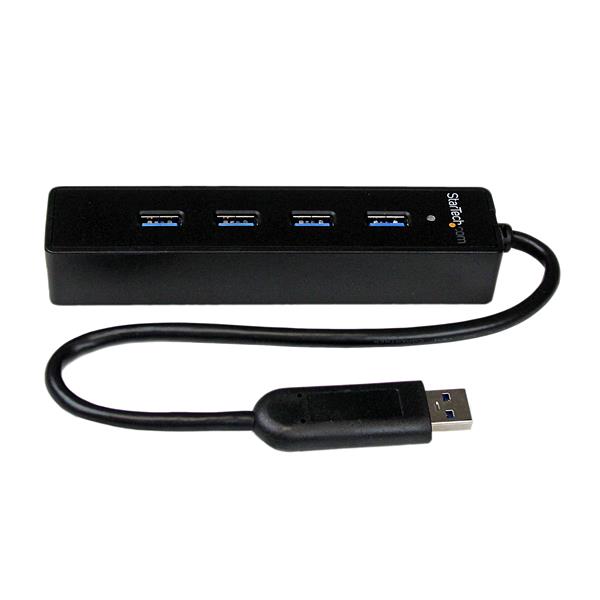 4-Port USB 3.0 Hub with built-in cable for portable device connectivity and organized workspace.