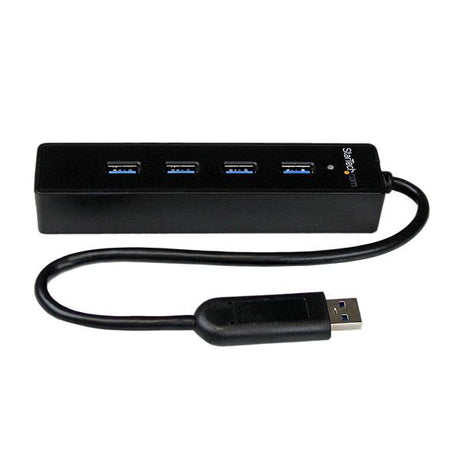 4-Port USB 3.0 Hub with built-in cable for portable device connectivity and organized workspace.