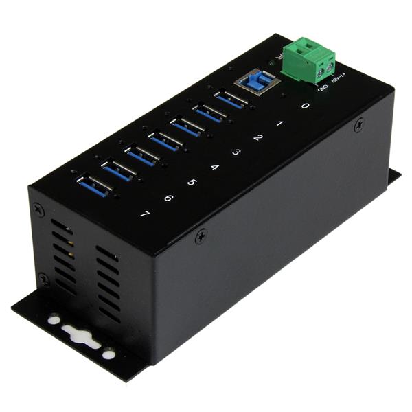 7-port USB 3.0 industrial hub with ESD protection, robust for harsh environments and fast device charging.