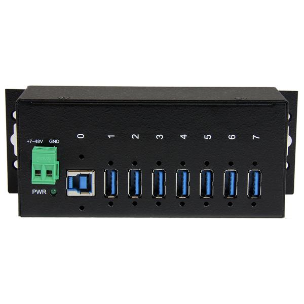 7-Port USB 3.0 Industrial Hub with durable metal housing, ESD protection, and fast charging for harsh environments.