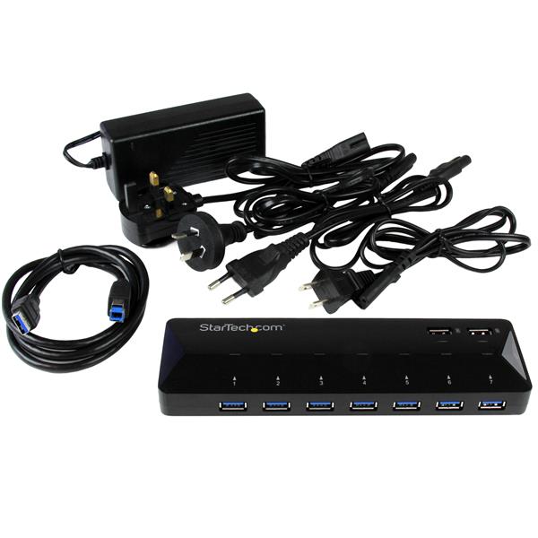 7-Port USB 3.0 Hub with 2 fast-charging ports for quick device charging and data transfer at home or office.
