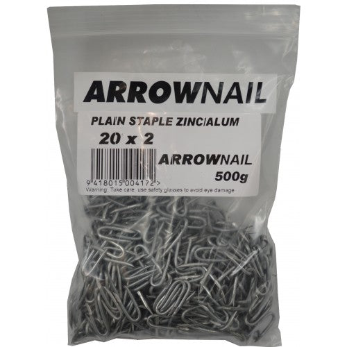 Zinc/aluminum fence staples 500g pack, 19mm x 2.0mm, for secure and corrosion-resistant fencing installations.