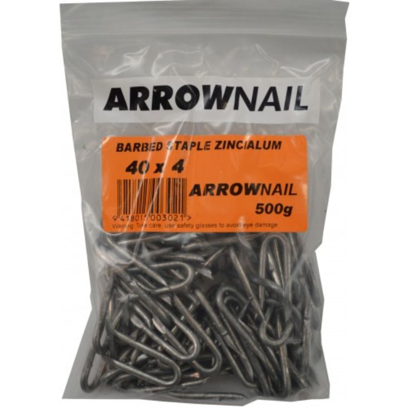 Galvanized barbed staples, 40mm x 4.0mm, 500g pack, ideal for secure fencing solutions in Australia.