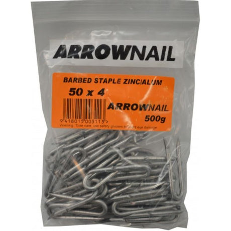 Staples Galv Barbed 500gm 50mm x 4.0mm galvanized staples for secure fencing, rust-resistant and durable for outdoor use.
