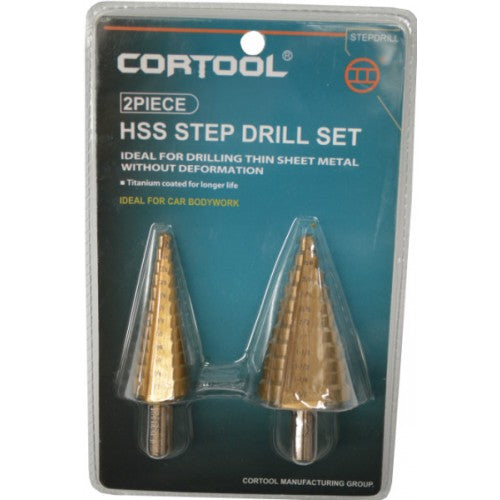 Step drill set with titanium-coated bits, ideal for precise cylindrical holes in various materials, ensuring durability and performance.
