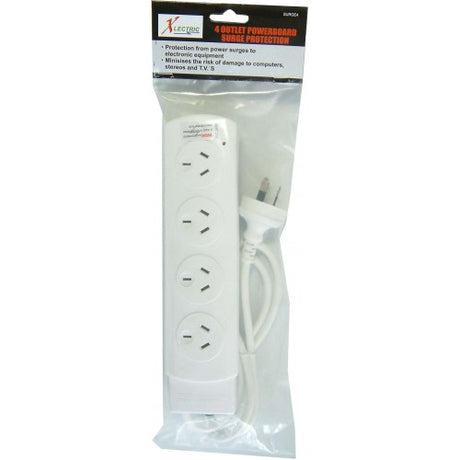 Xlectric 4-Outlet Power Box with Surge Protection, compact design for safe power management of multiple devices.