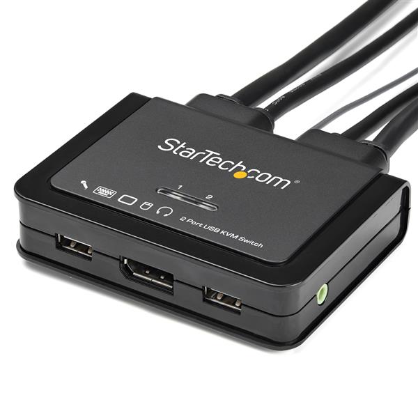 2 Port DisplayPort KVM Switch enabling 4K 60Hz control for dual computers with USB and audio support, includes cables.