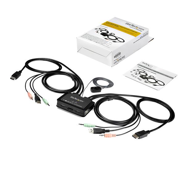 2 Port DisplayPort KVM switch for dual computer control, supporting 4K 60Hz resolution and offering USB and audio connectivity.