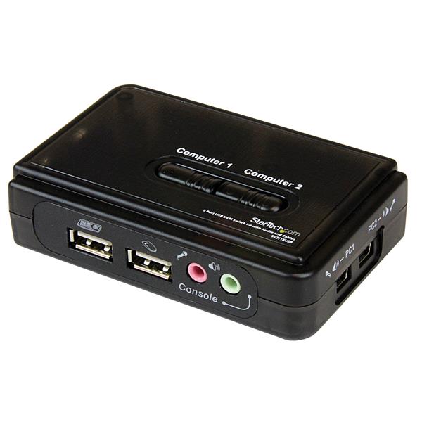 2 Port USB KVM Switch Kit for seamless control of two computers with audio, VGA support, and included cables.