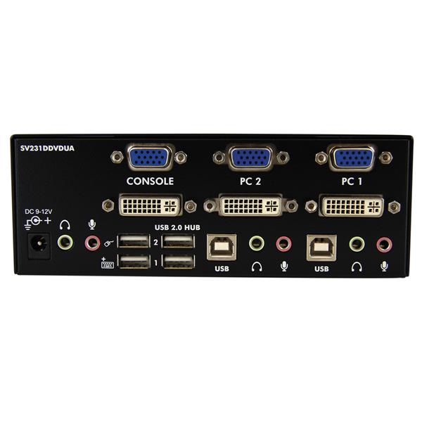 2 Port DVI VGA Dual Monitor KVM Switch with USB Hub & Audio for seamless control of two computers, supports 1920x1200 resolution.