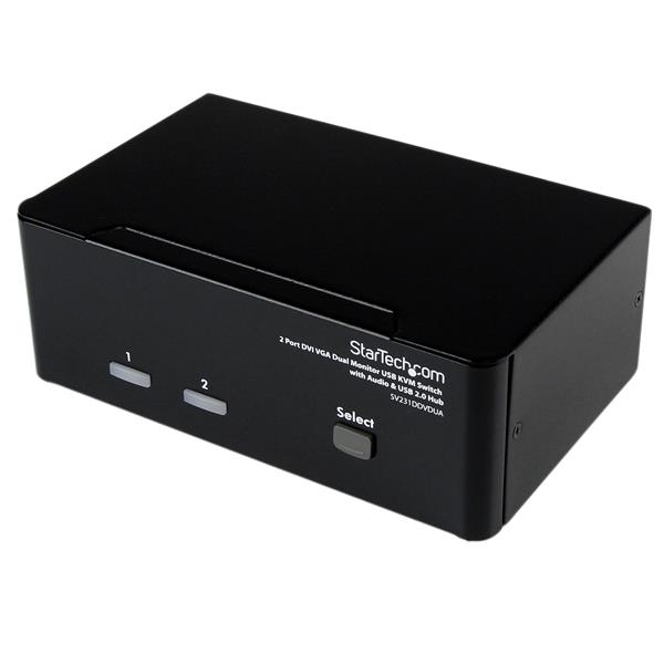 2 Port DVI VGA KVM switch with USB hub, audio support, and high-res video up to 1920x1200 for dual monitor control.