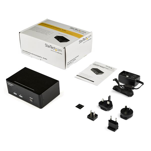 2-Port DisplayPort KVM switch enabling dual monitor control at 4K 60Hz, with USB hub and audio support for seamless multitasking.
