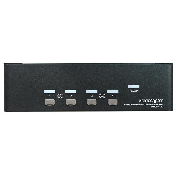4-Port Dual DisplayPort KVM switch with 4K 60Hz support for managing multiple PCs and audio peripherals seamlessly.