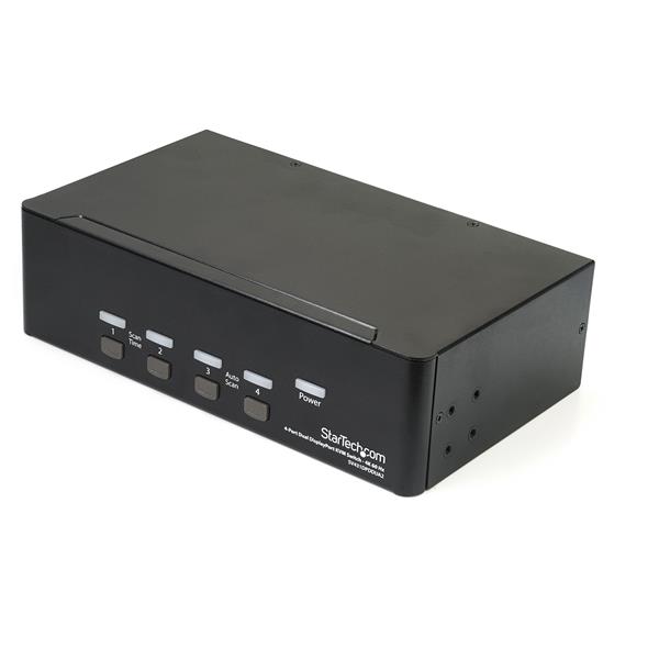 4-Port Dual DisplayPort KVM switch enabling seamless control of up to four computers with dual 4K 60Hz display support.
