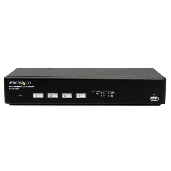 4-Port USB DVI KVM Switch with DDM technology for seamless control of up to four PCs, includes cables, supports 1920x1200 resolution.