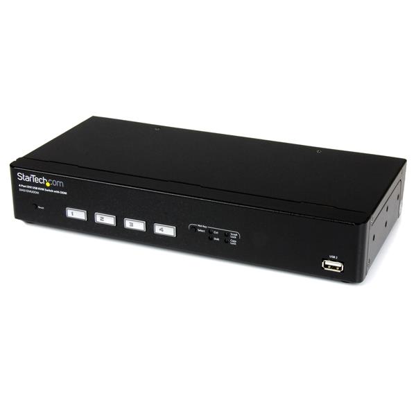 4-Port USB DVI KVM switch with fast switching, supports high-res up to 1920x1200, includes cables and USB hub.
