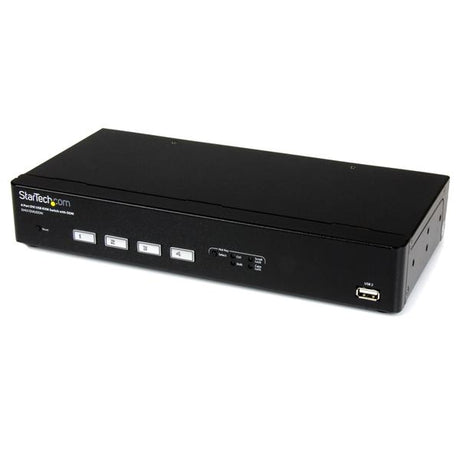 4-Port USB DVI KVM switch with fast switching, supports high-res up to 1920x1200, includes cables and USB hub.