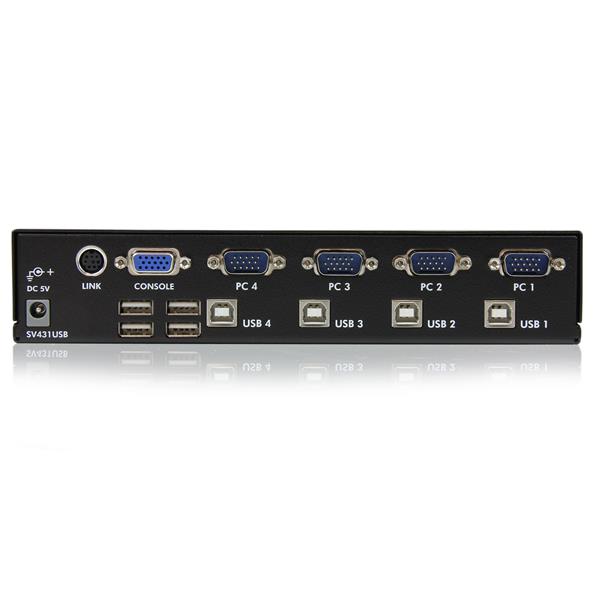 4 Port VGA USB KVM switch for controlling 4 PCs with high-res support, USB hub, and compact rack-mountable design.