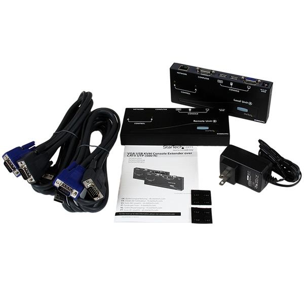 USB VGA KVM extender enabling remote access up to 500 ft for PCs and servers with plug-and-play setup.