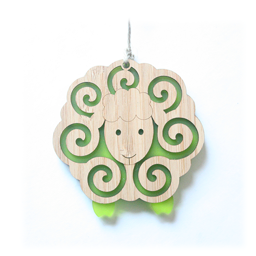 Lime Sheep Ornament made from bamboo and satin acrylic, perfect for decor and gifting, measuring 99mm x 100mm x 8mm.