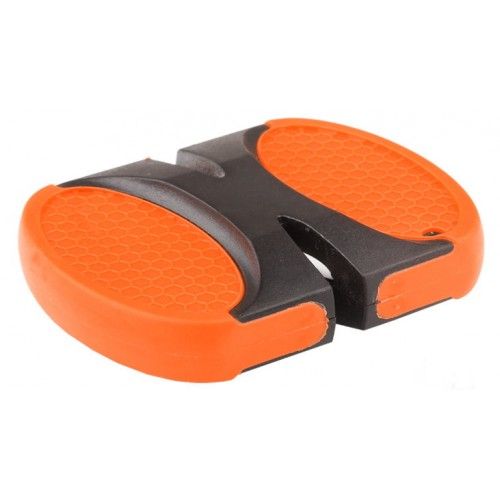 Compact mini knife sharpener with tungsten carbide and ceramic slots for quick, efficient sharpening on-the-go.