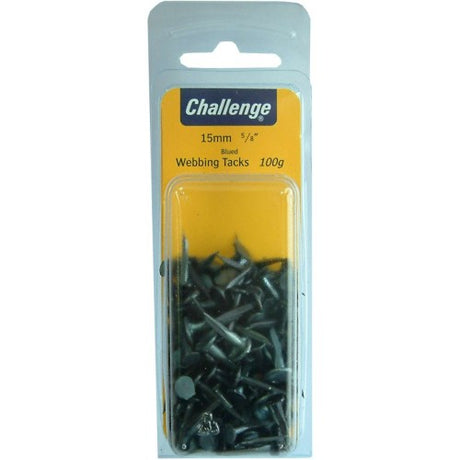Durable 15mm webbing tacks with a large head, ideal for upholstery and crafting, featuring a stunning blued finish.