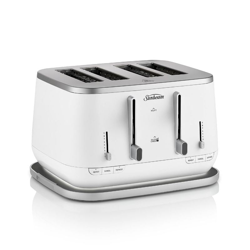Elegant white 4-slice toaster with electronic browning controls, inspired by Kyoto's charm and designed for modern kitchens.