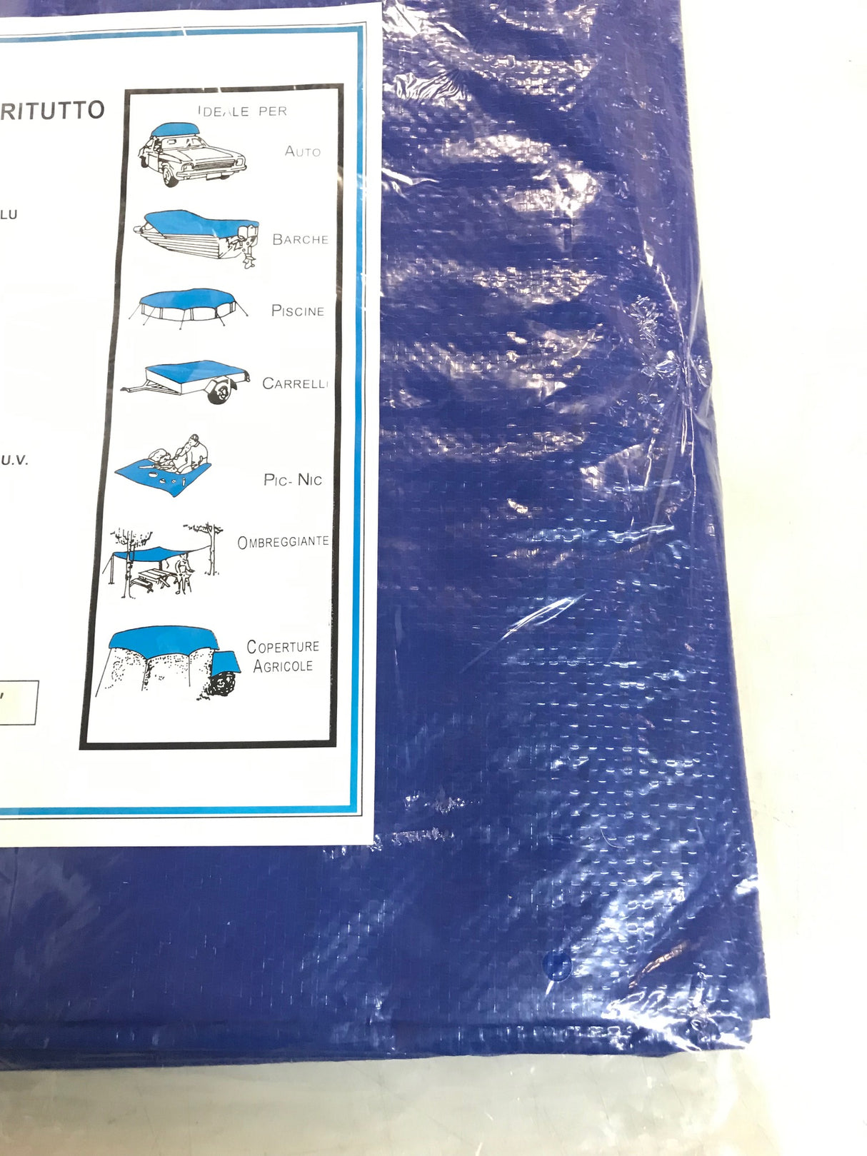 Waterproof blue polyethylene tarpaulin 2.4x3m (8'x10') for outdoor protection against rain and UV damage.