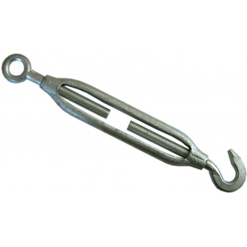 Galvanized steel turnbuckle with hook and eye for tension adjustment in ropes and cables, 1/2 inch size.