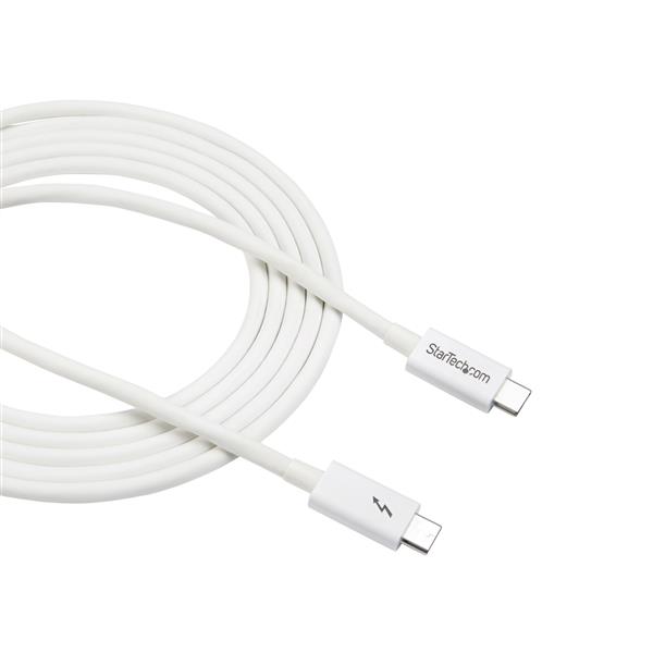 2m Thunderbolt 3 cable in white, supporting 20Gbps data transfer, 4K video at 60Hz, and 100W power delivery for versatile connectivity.