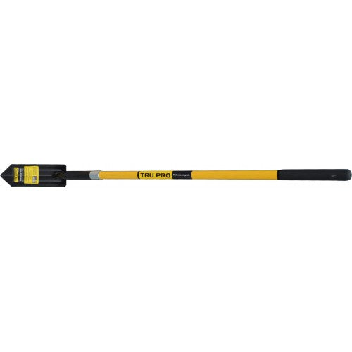 Truper Pro trenching shovel with a 4" steel blade, ergonomic fiberglass handle, designed for precise cable laying and trenching.