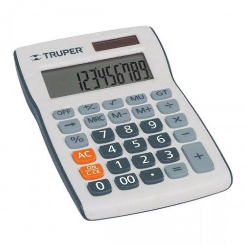 Compact Truper 12cm calculator with large 12-digit display, solar and battery powered, ideal for home and office use.