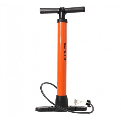 Truper Car Tyre Hand Pump 100psi with durable steel cylinder, rubber hose, and dual head for easy tire inflation.