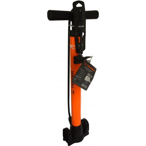Truper Car Tyre Hand Pump 100psi with durable steel cylinder, flexible hose, dual head for all valve types, and lightweight design.
