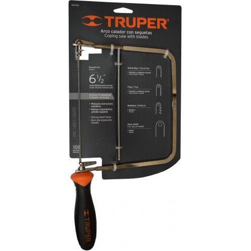 Truper Coping Saw: durable steel frame, ergonomic handle, versatility for precise wood and metal cuts, includes 5 interchangeable blades.