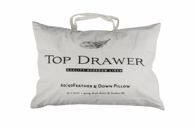 Top Drawer Feather Down Pillow with 60% feather, 40% down; soft, supportive and Oeko-Tex certified for safe sleep.