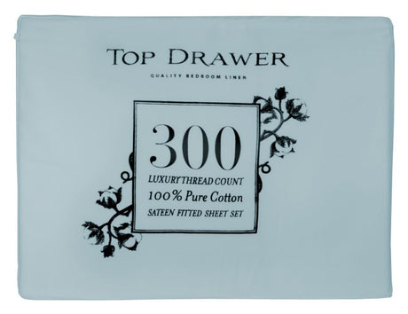 Luxurious light blue TD 300TC Super King sheet set made of 100% cotton, includes fitted sheet, flat sheet, and pillowcases.