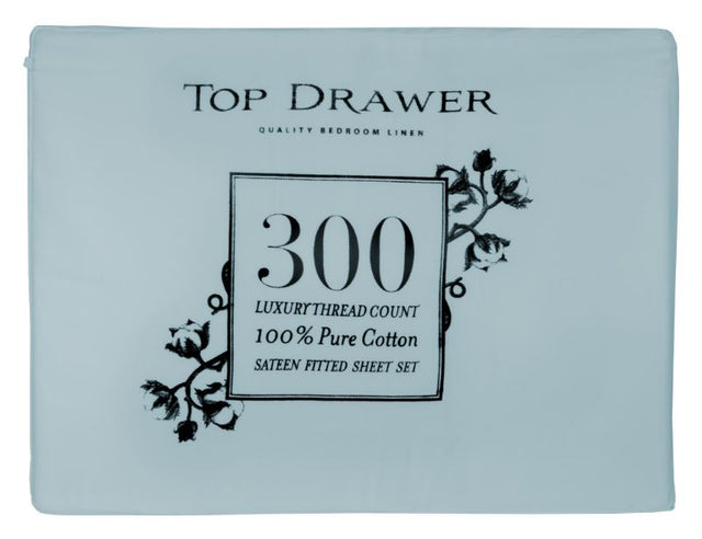 Luxurious light blue TD 300TC Super King sheet set made of 100% cotton, includes fitted sheet, flat sheet, and pillowcases.